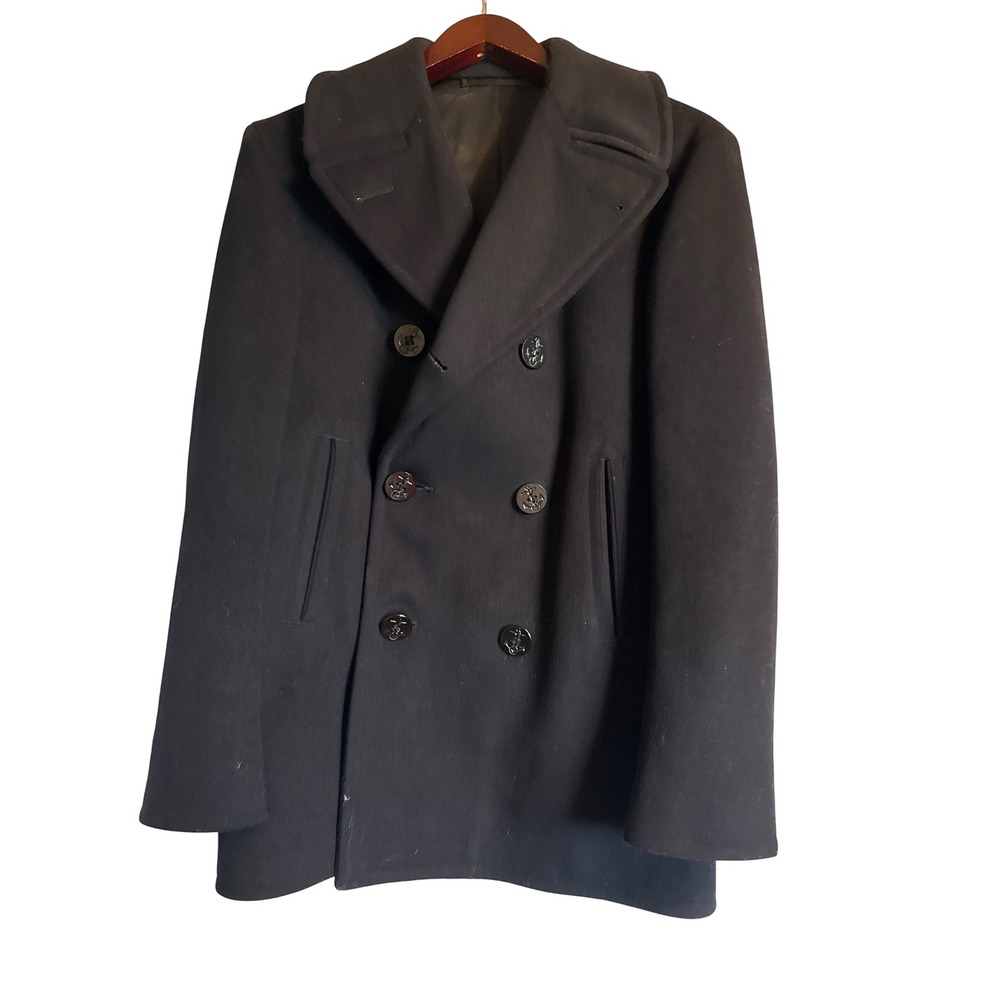 Vintage Mens Navy Wool Peacoat Double Breasted Anchor Buttons Size 36R‎